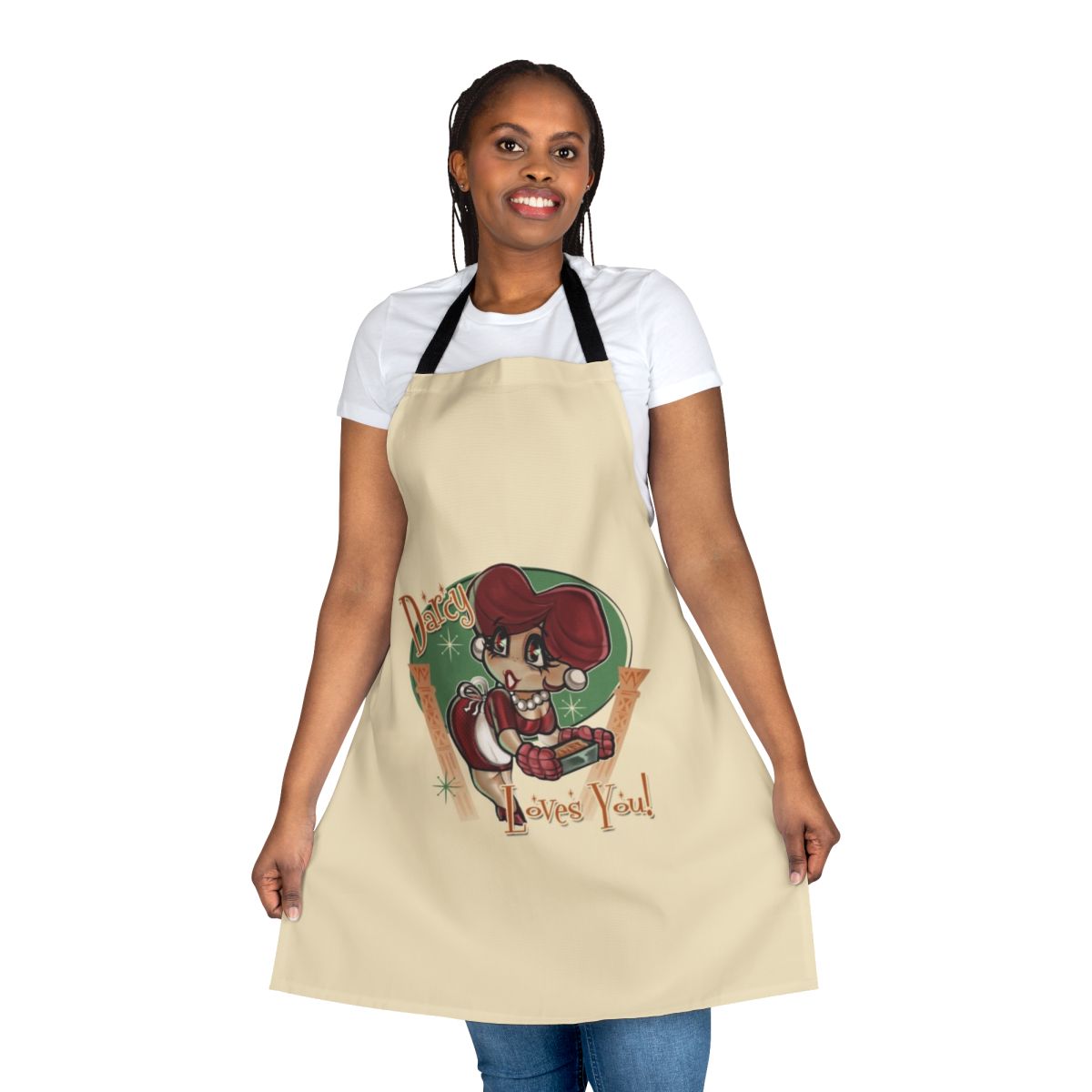 Darcy Apron - A 1950s-inspired retro apron featuring a heart design in a charming chibi style