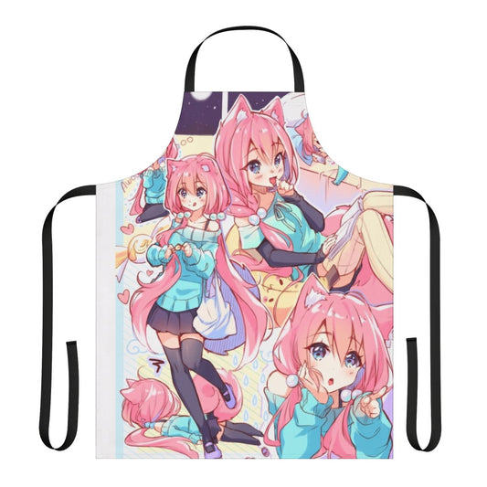 Illustration of a cute anime-style girl wearing a pink and blue apron with banana and candy details