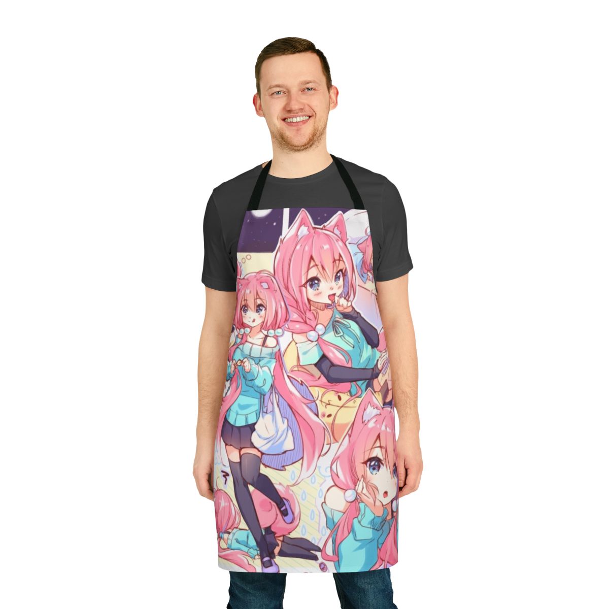 Illustration of a cute anime-style girl wearing a pink and blue apron with banana and candy details