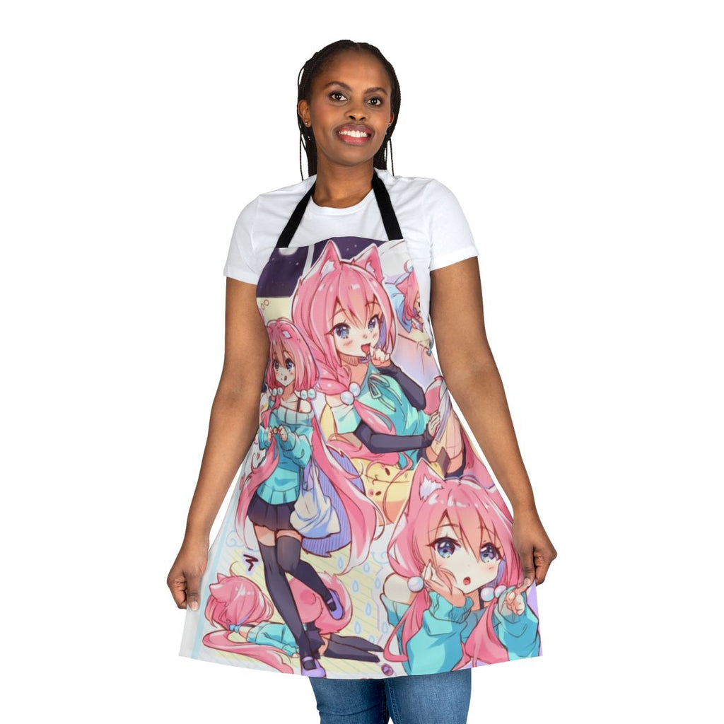 Illustration of a cute anime-style girl wearing a pink and blue apron with banana and candy details