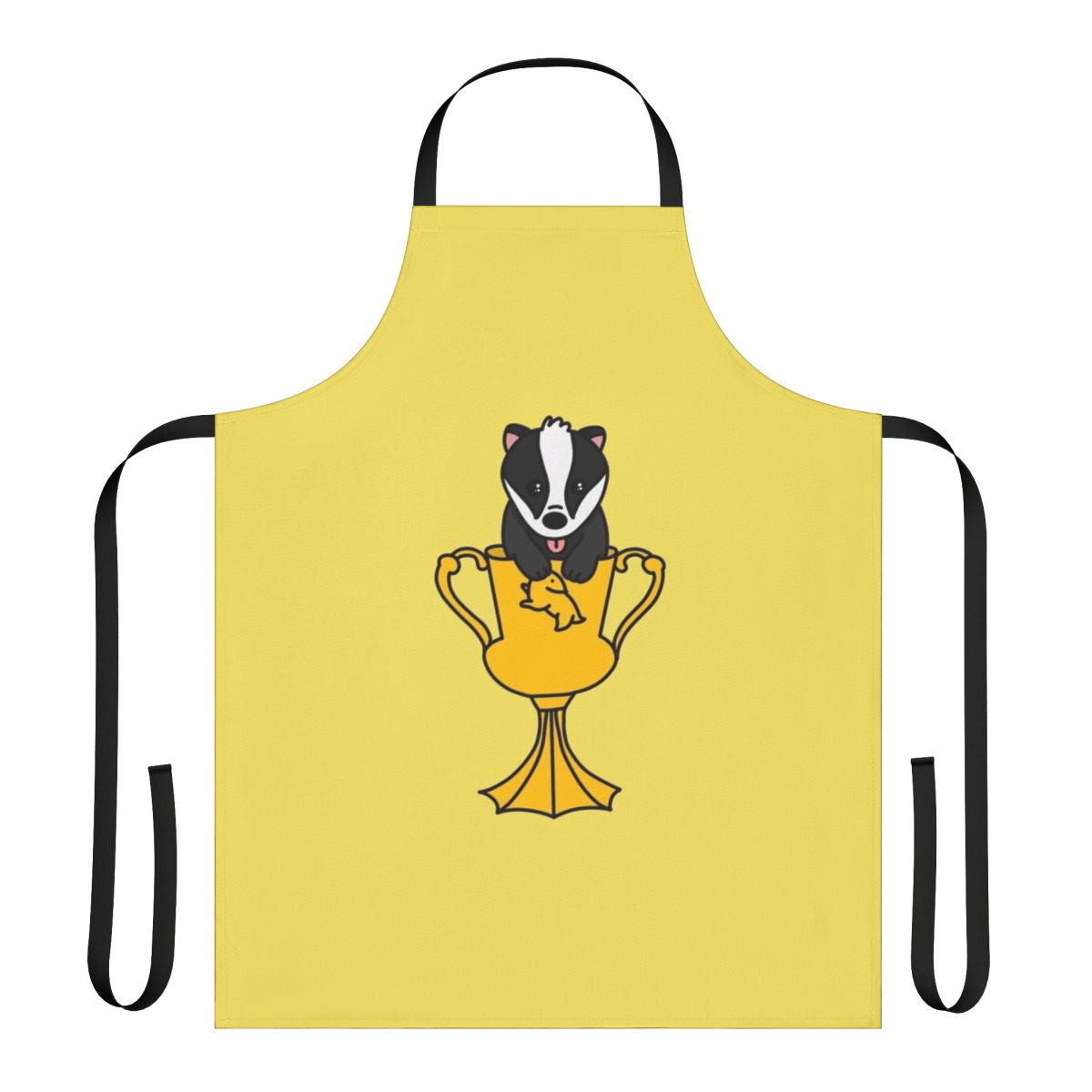 A whimsical apron featuring a cute, chibi-style baby badger design, perfect for Harry Potter fans and fantasy lovers.