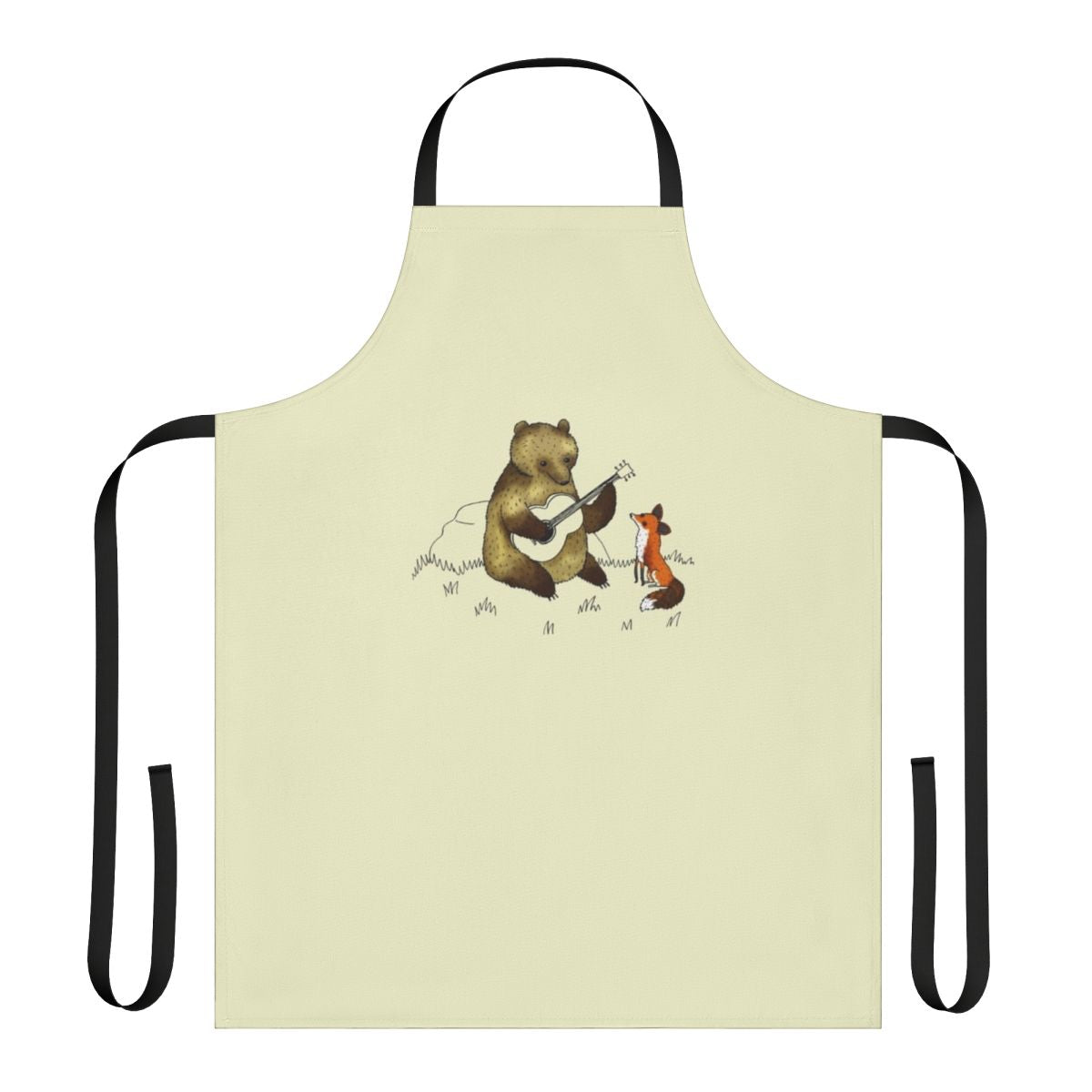 Illustration of a bear and fox playing music in a woodland scene, printed on a kitchen apron.