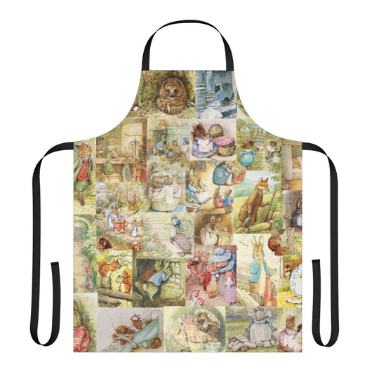Beatrix Potter themed collage apron featuring illustrations of Peter Rabbit, Jemima Puddle-Duck, and other beloved characters