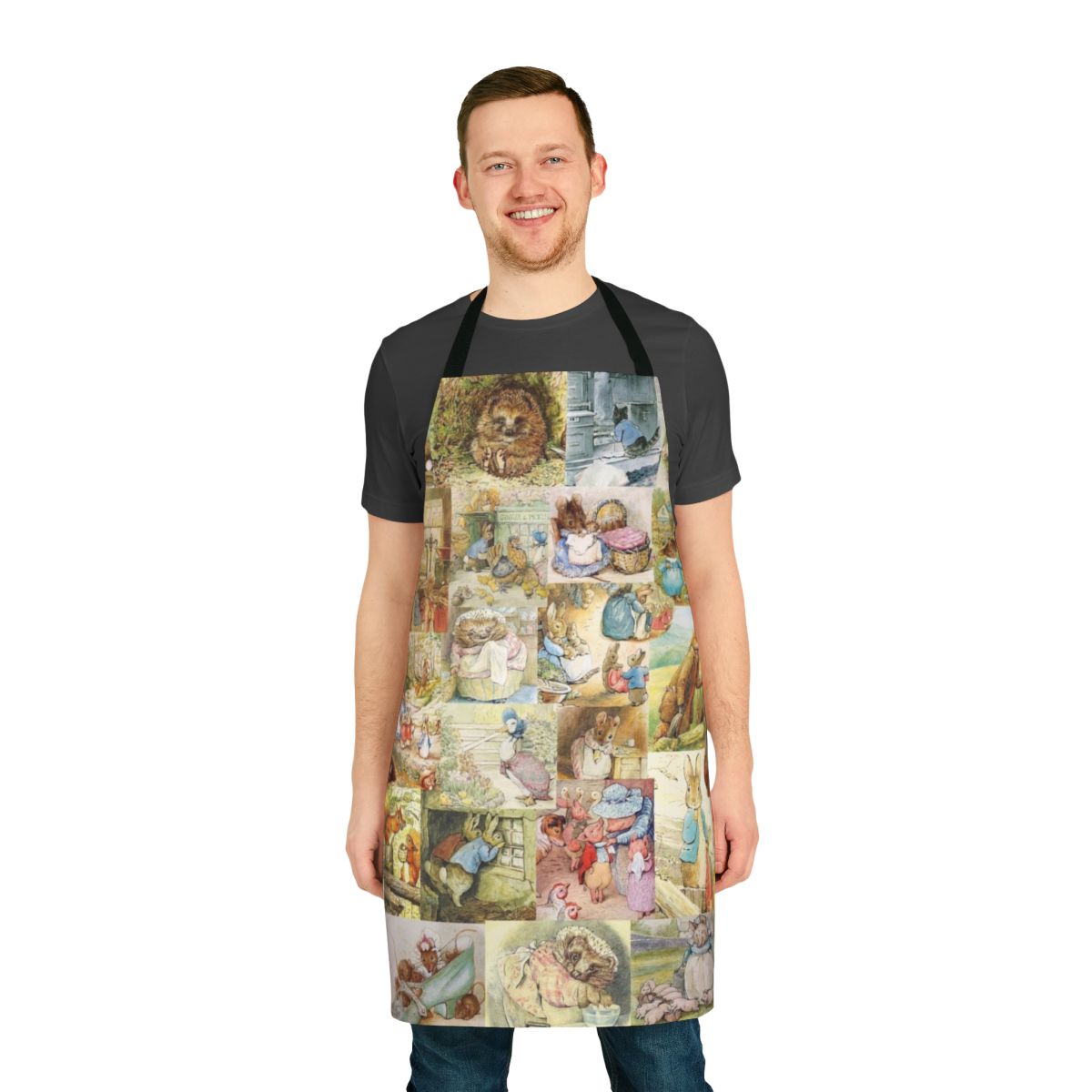 Beatrix Potter themed collage apron featuring illustrations of Peter Rabbit, Jemima Puddle-Duck, and other beloved characters