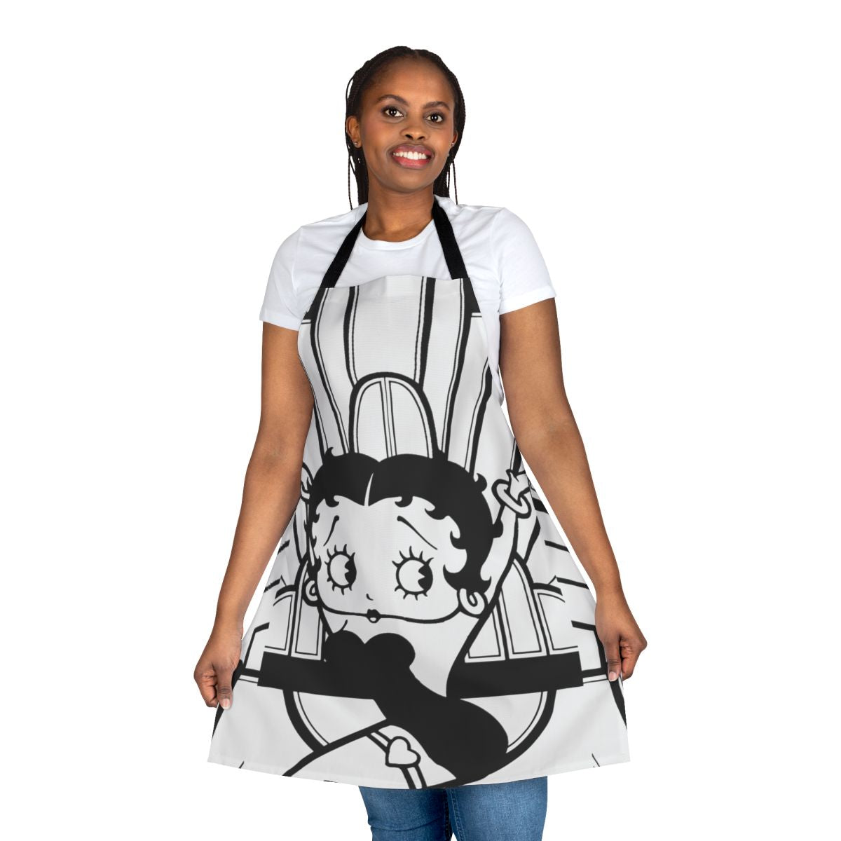 Whimsical black and white cartoon-style apron featuring the iconic Betty Boop character