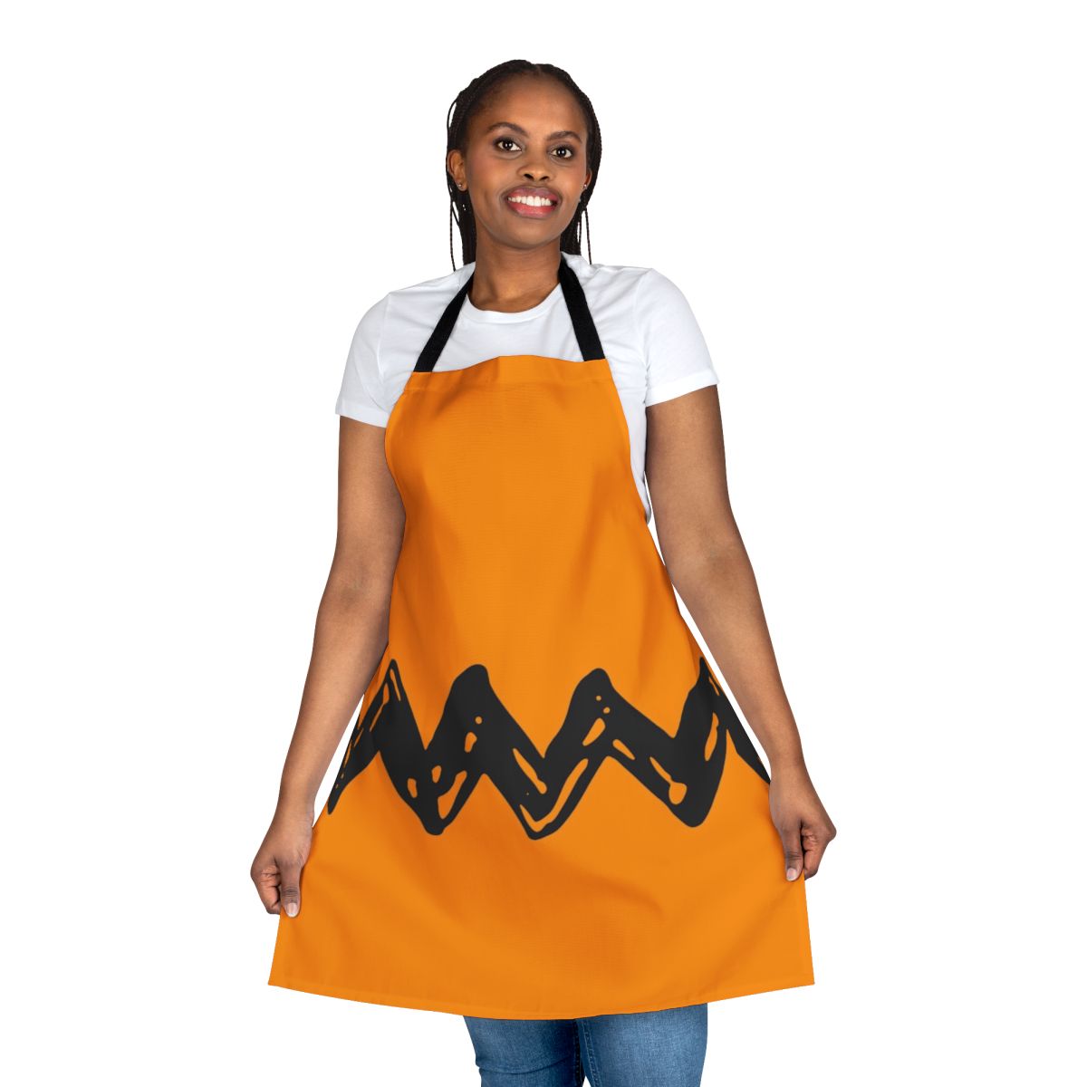 Black apron with ornament design, featuring Snoopy and Charlie Brown from the classic Peanuts cartoon.