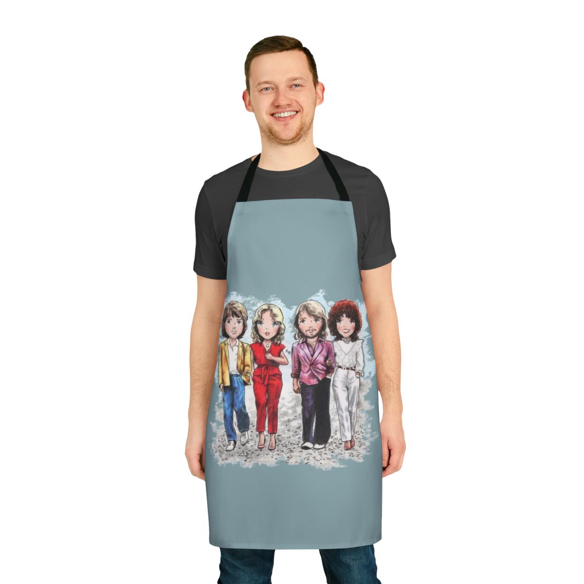 A charming cartoon-style vintage apron with a sad, emotive design