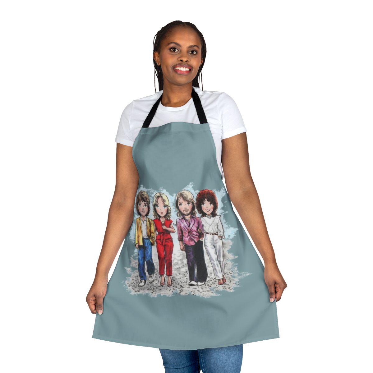 A charming cartoon-style vintage apron with a sad, emotive design