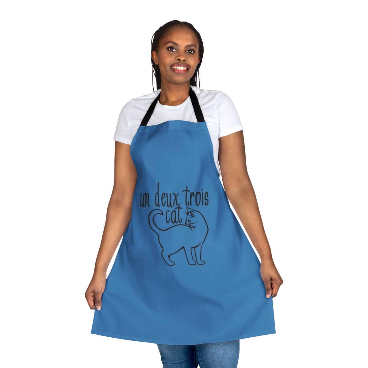 A stylish cat-themed apron with a French flair, perfect for teachers and cat enthusiasts