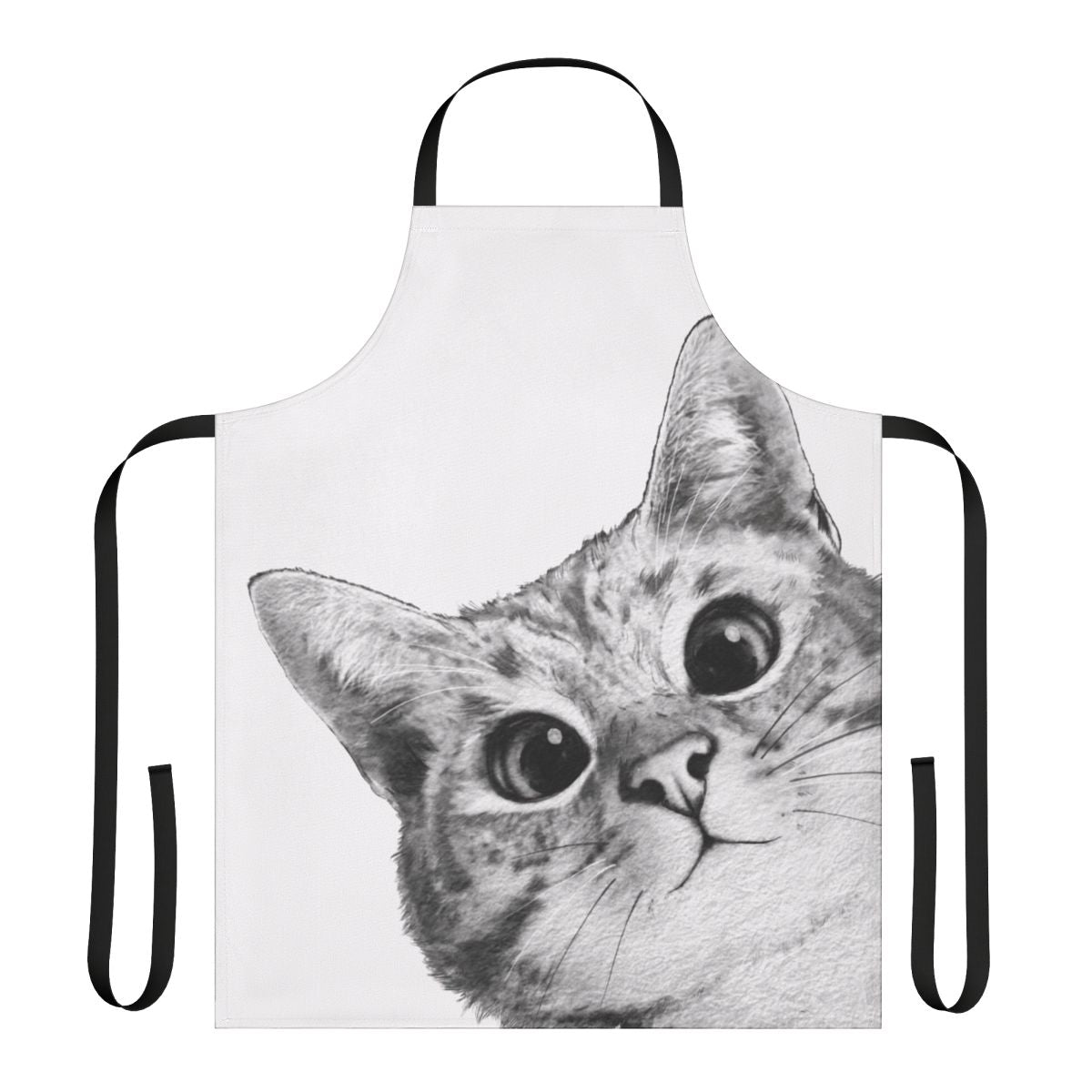 A black and white cat peeking out from behind a funny cat-themed kitchen apron