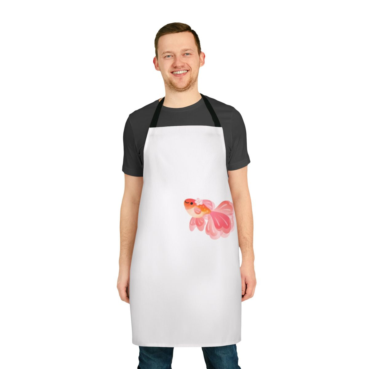 Delightful apron featuring a colorful cherry blossom and goldfish design