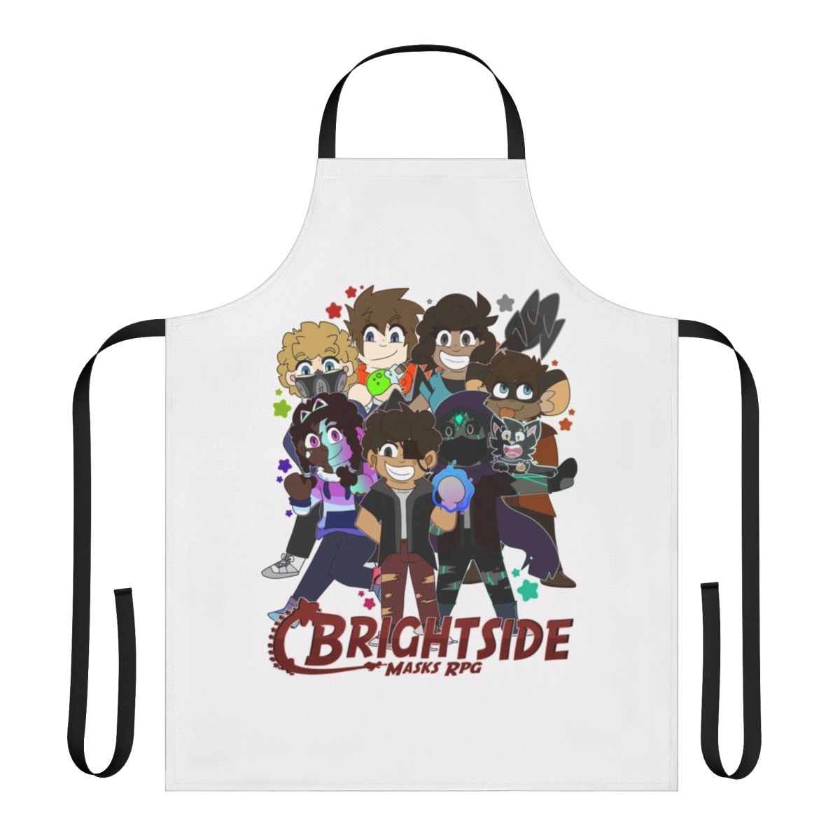Colorful chibi-style apron with playful character designs