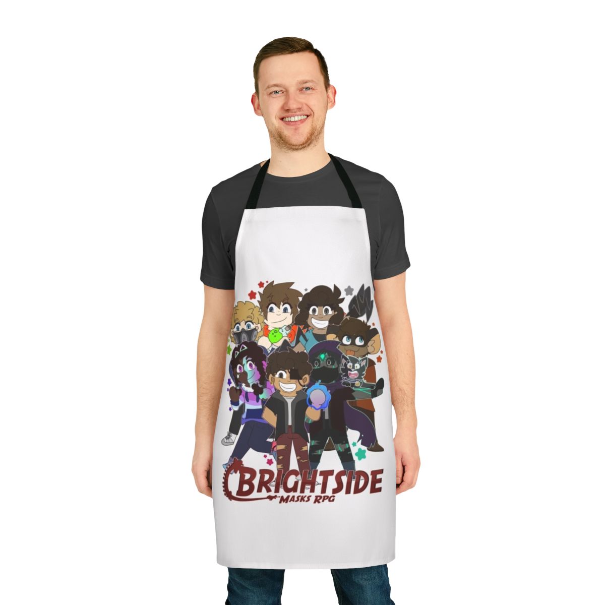 Colorful chibi-style apron with playful character designs