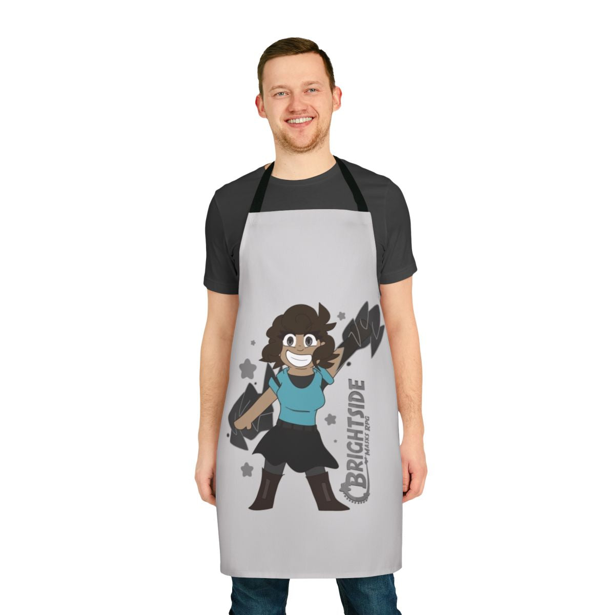 Chibi-inspired apron with colorful characters and patterns