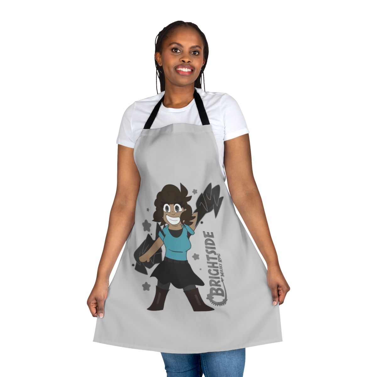Chibi-inspired apron with colorful characters and patterns