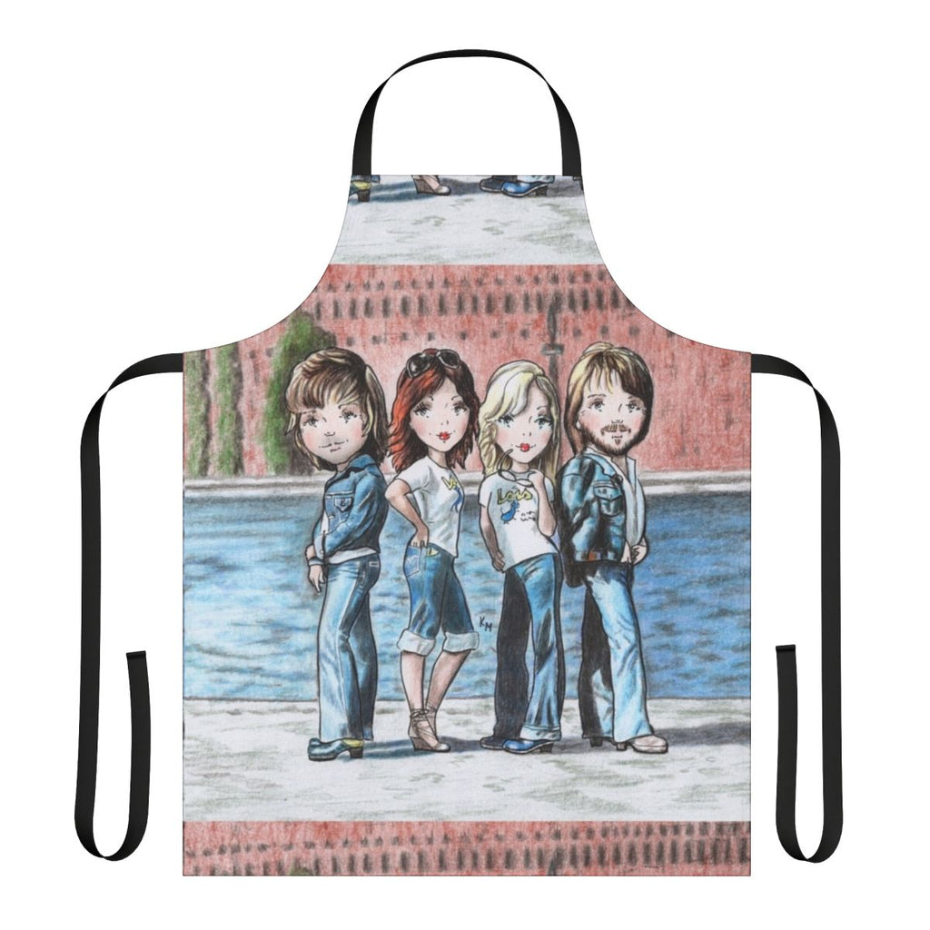 Whimsical illustration of people walking in a vibrant city, featured on a high-quality apron