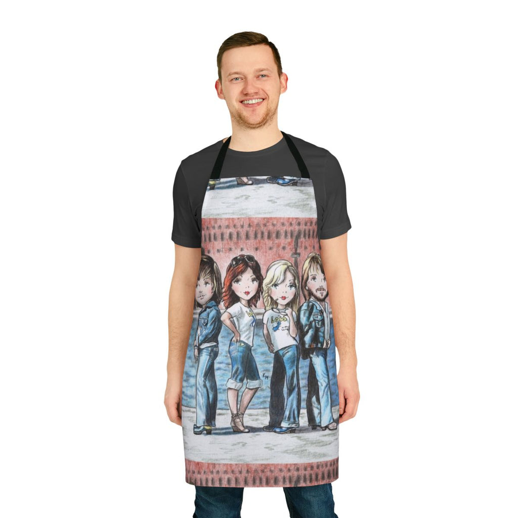 Whimsical illustration of people walking in a vibrant city, featured on a high-quality apron