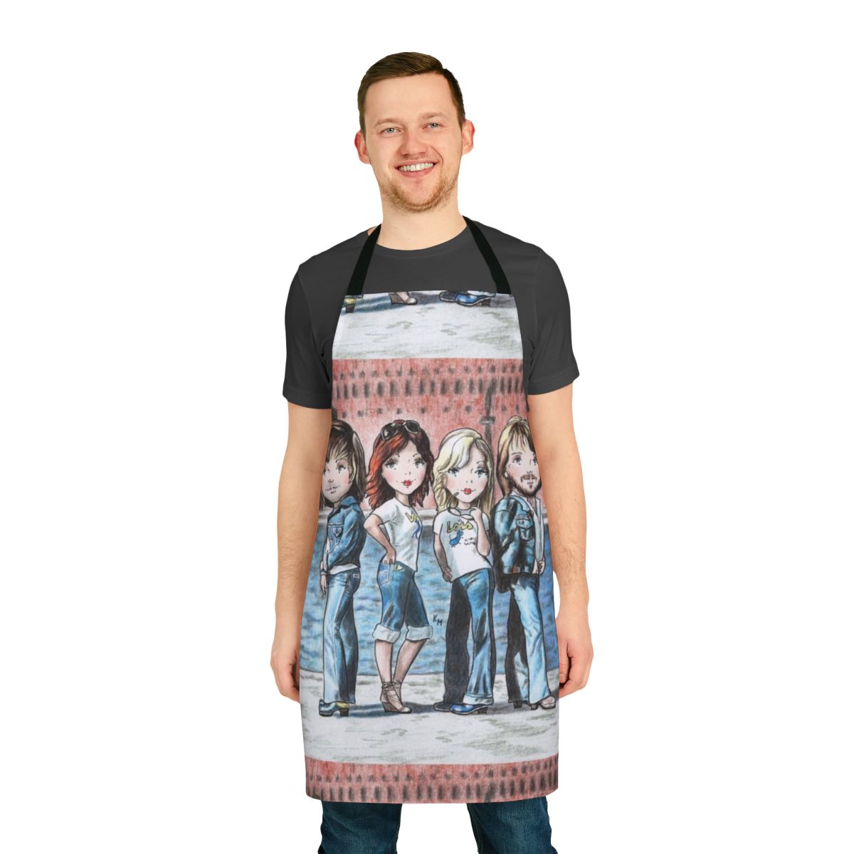 Whimsical illustration of people walking in a vibrant city, featured on a high-quality apron