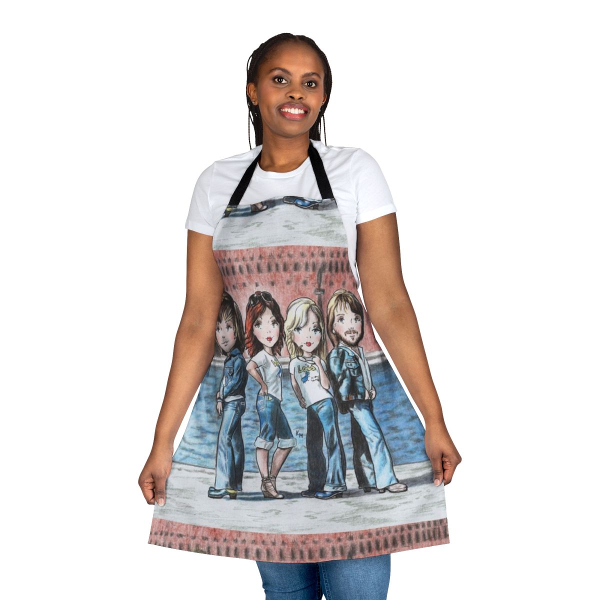 Whimsical illustration of people walking in a vibrant city, featured on a high-quality apron