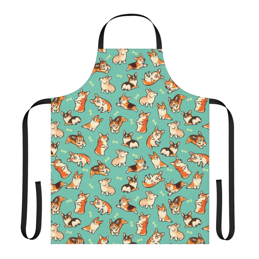 Jolly Corgis in a green apron, featuring a cute pattern of Pembroke Welsh Corgis