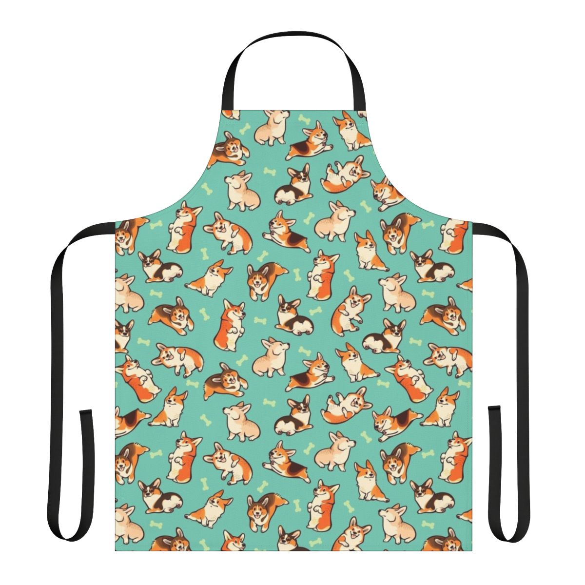 Jolly Corgis in a green apron, featuring a cute pattern of Pembroke Welsh Corgis
