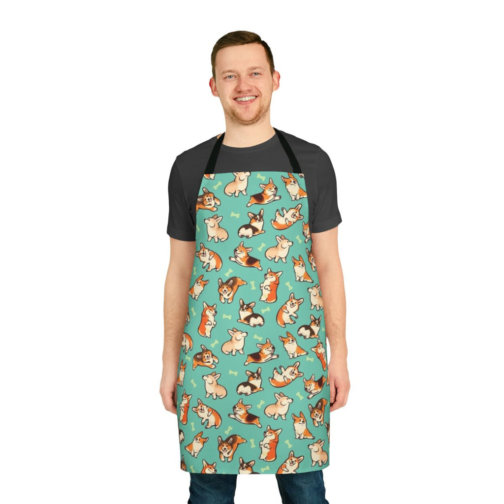 Jolly Corgis in a green apron, featuring a cute pattern of Pembroke Welsh Corgis