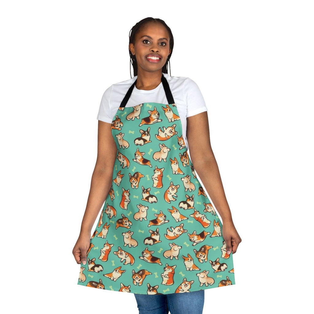 Jolly Corgis in a green apron, featuring a cute pattern of Pembroke Welsh Corgis