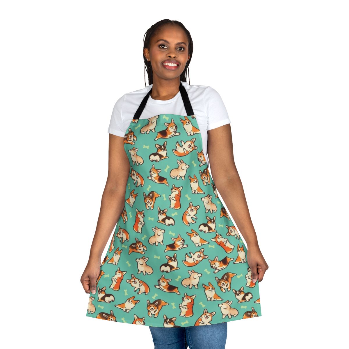 Jolly Corgis in a green apron, featuring a cute pattern of Pembroke Welsh Corgis