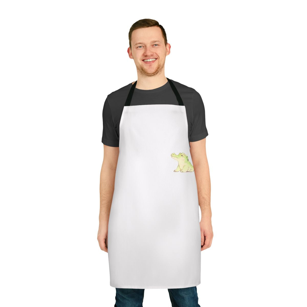 A whimsical apron featuring a cute and mystical crocodile design, perfect for fantasy fans.