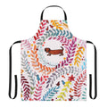 Colorful apron featuring a cute dachshund (teckel) design with floral and bird motifs