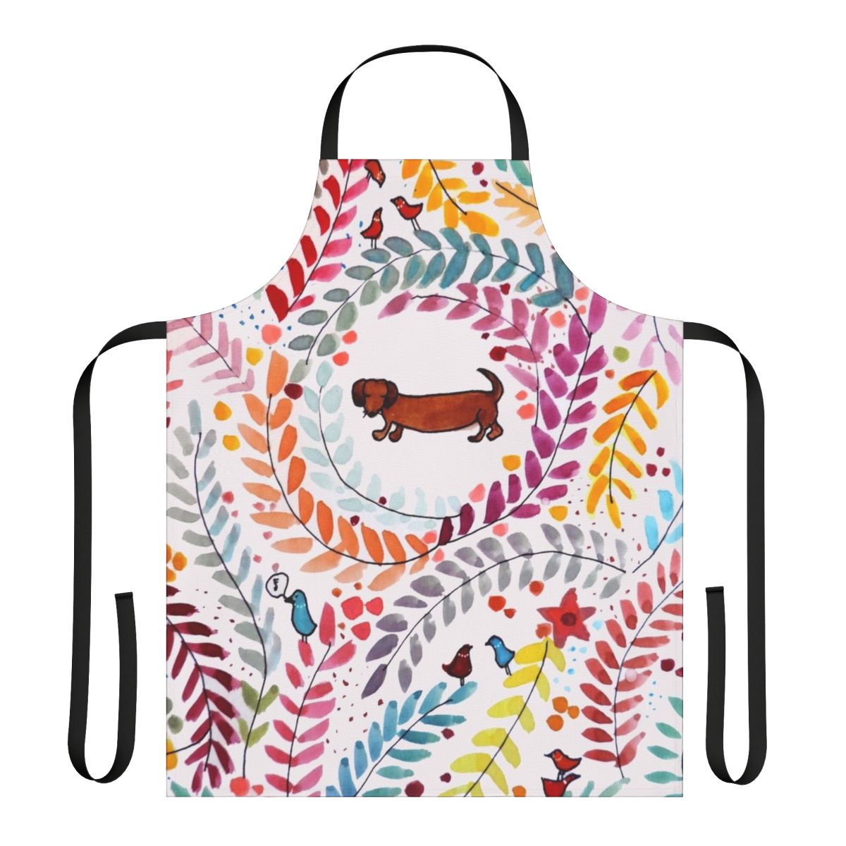 Colorful apron featuring a cute dachshund (teckel) design with floral and bird motifs