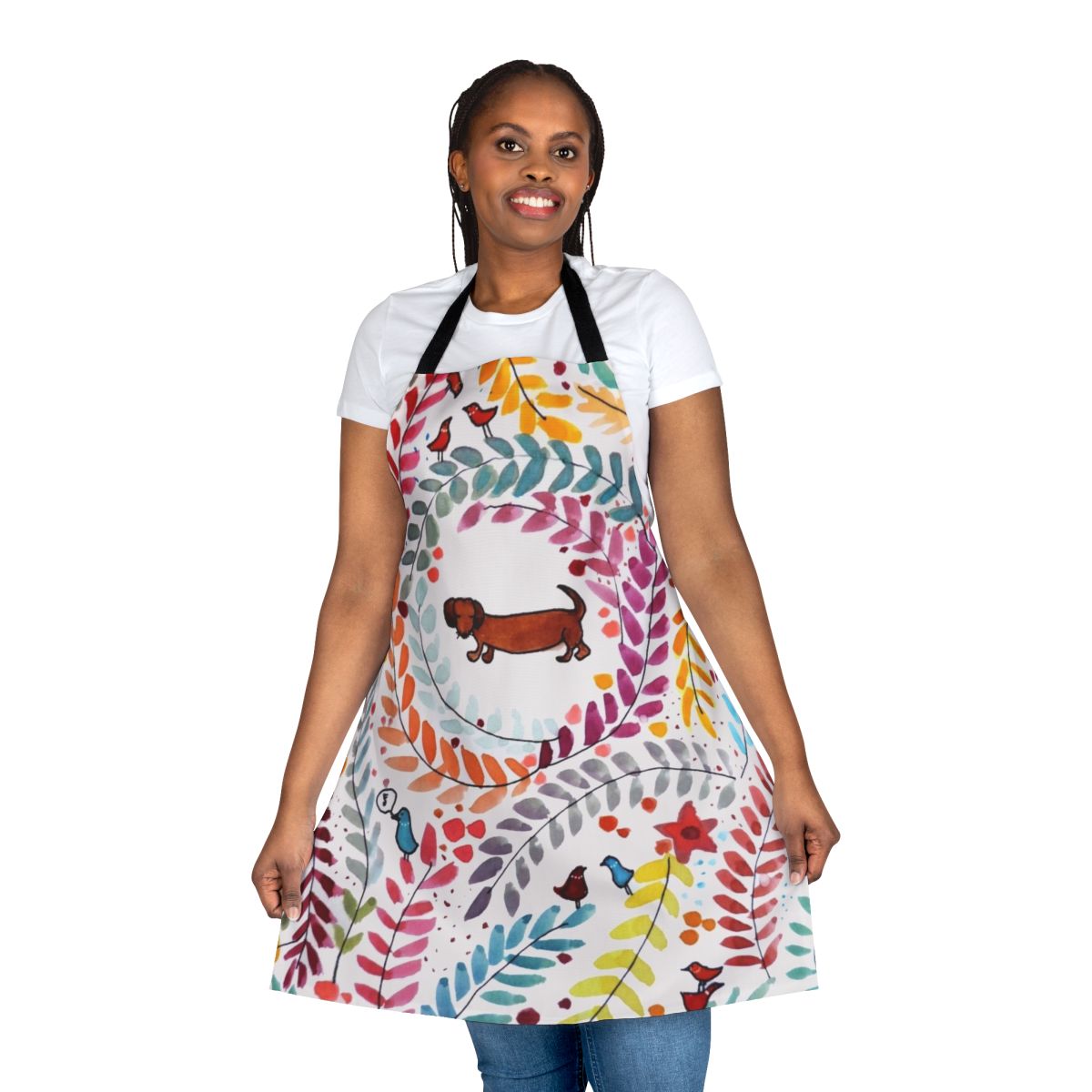 Colorful apron featuring a cute dachshund (teckel) design with floral and bird motifs