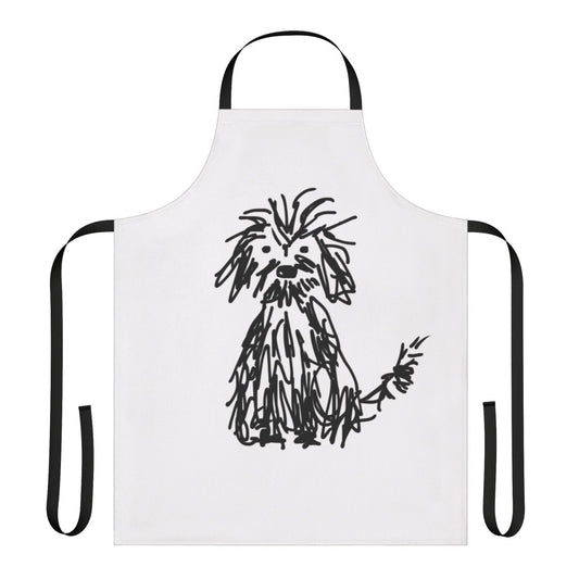 A black and white line drawing illustration of a shaggy, fluffy dog on a simple, neutral-toned apron.