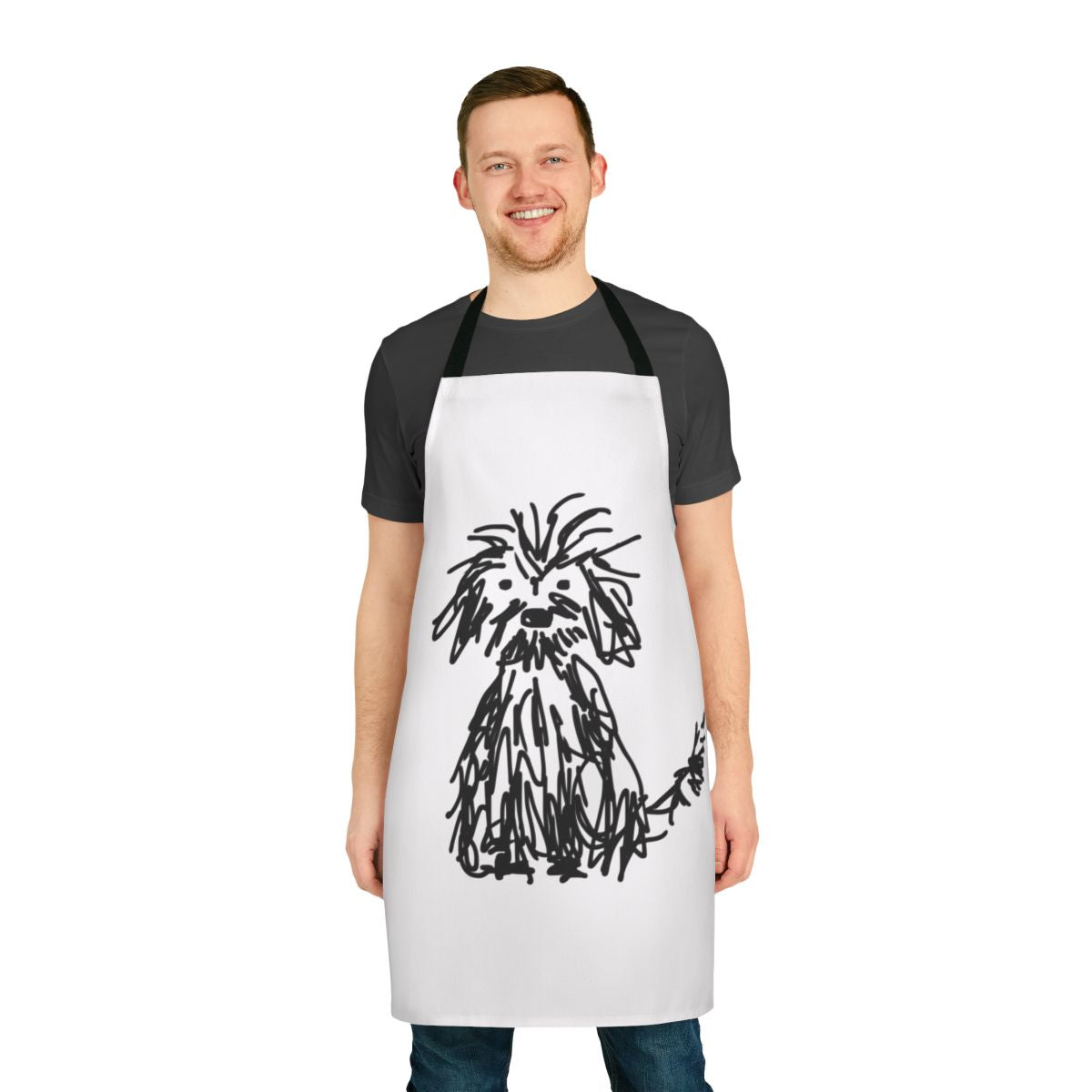 A black and white line drawing illustration of a shaggy, fluffy dog on a simple, neutral-toned apron.