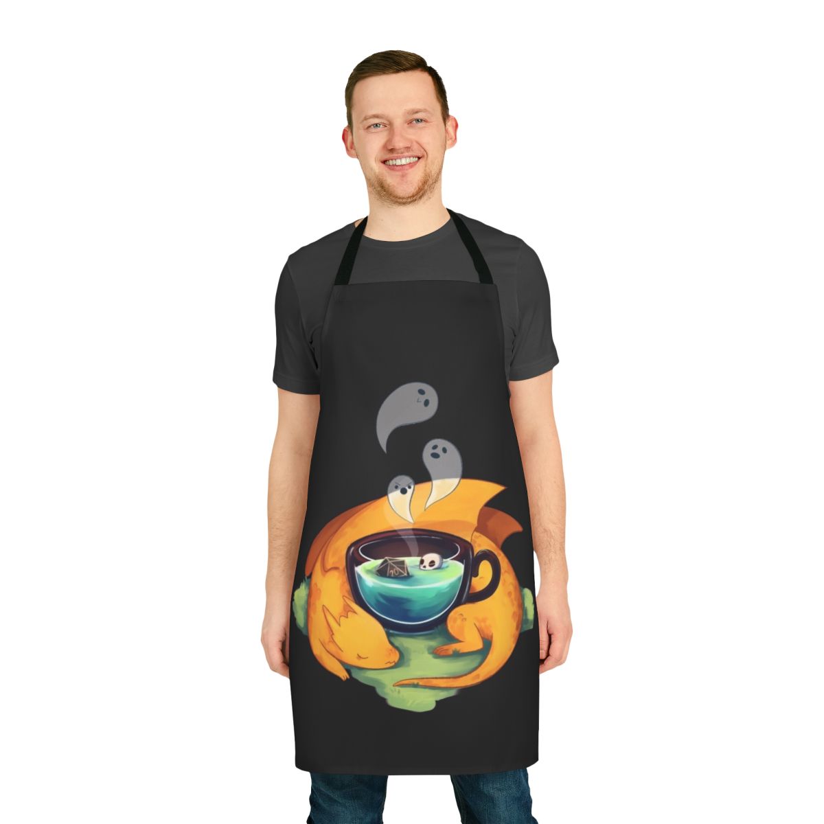 A whimsical apron featuring a cute dragon design, perfect for autumn and Halloween cooking and baking.