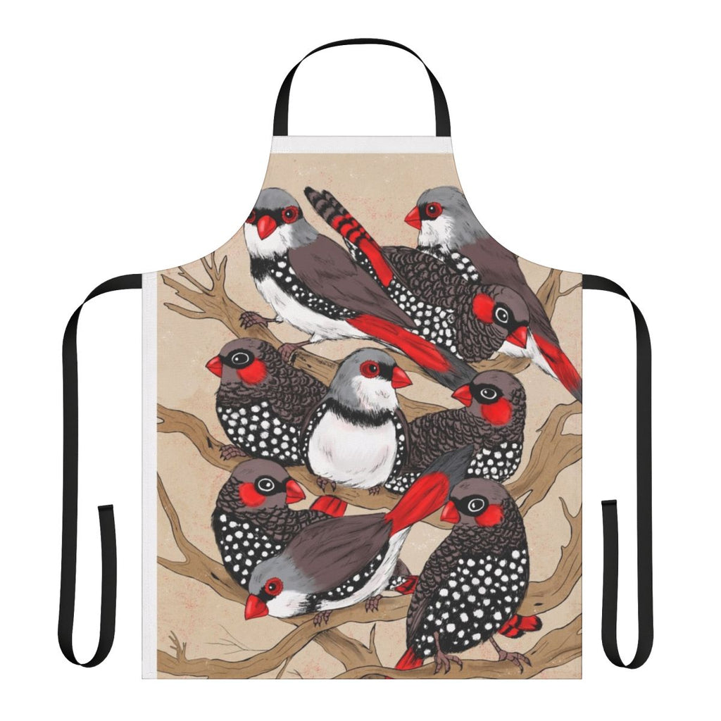Red, brown, and grey firetail finch bird perched on branches with a polka dot pattern in the background