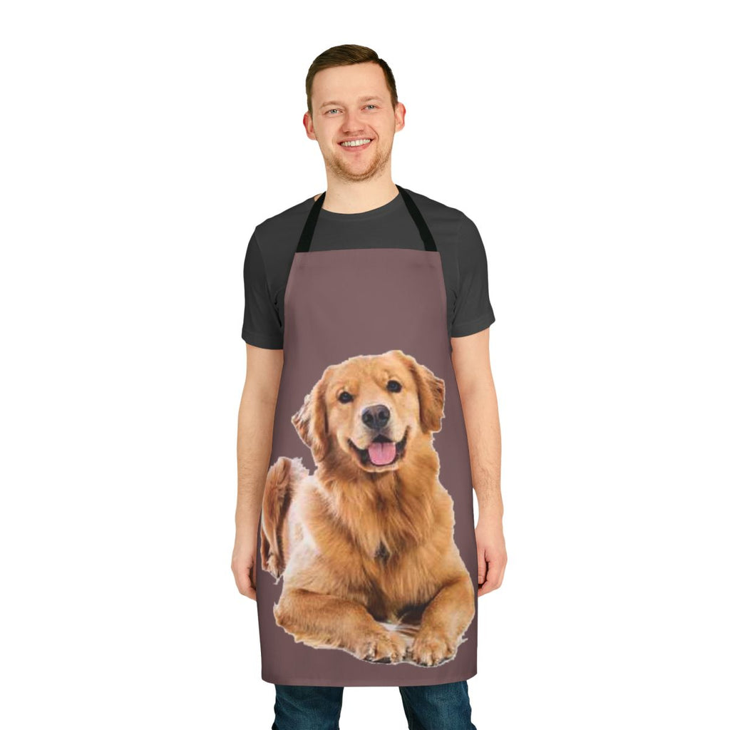 A stylish and practical apron featuring a playful golden retriever design, perfect for pet owners and dog enthusiasts.