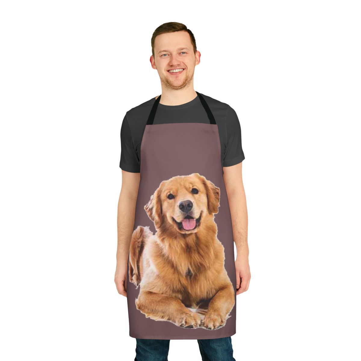 A stylish and practical apron featuring a playful golden retriever design, perfect for pet owners and dog enthusiasts.