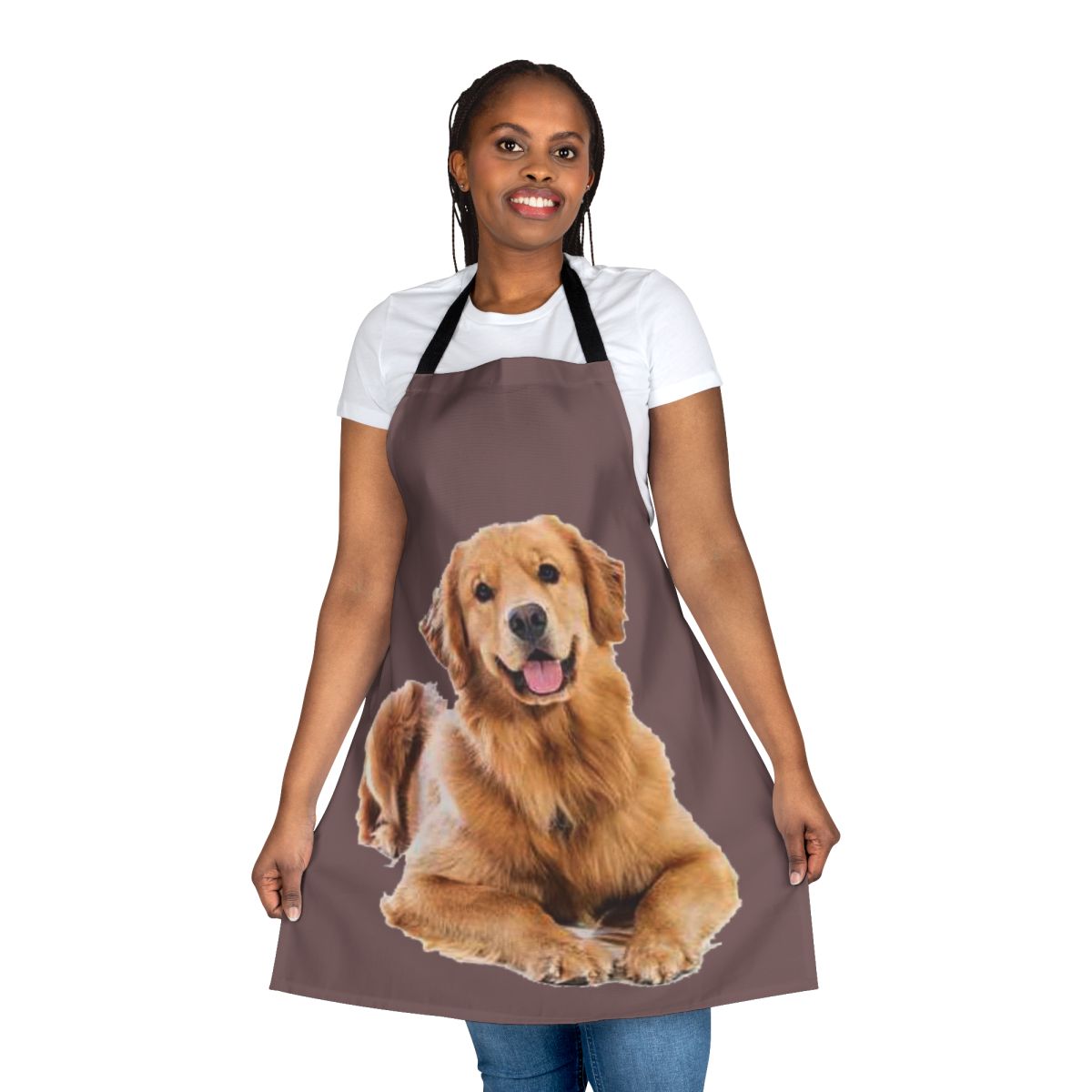 A stylish and practical apron featuring a playful golden retriever design, perfect for pet owners and dog enthusiasts.