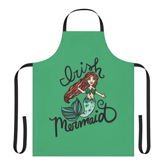 A vibrant apron featuring a whimsical mermaid with red hair, perfect for St. Patrick's Day or any day.