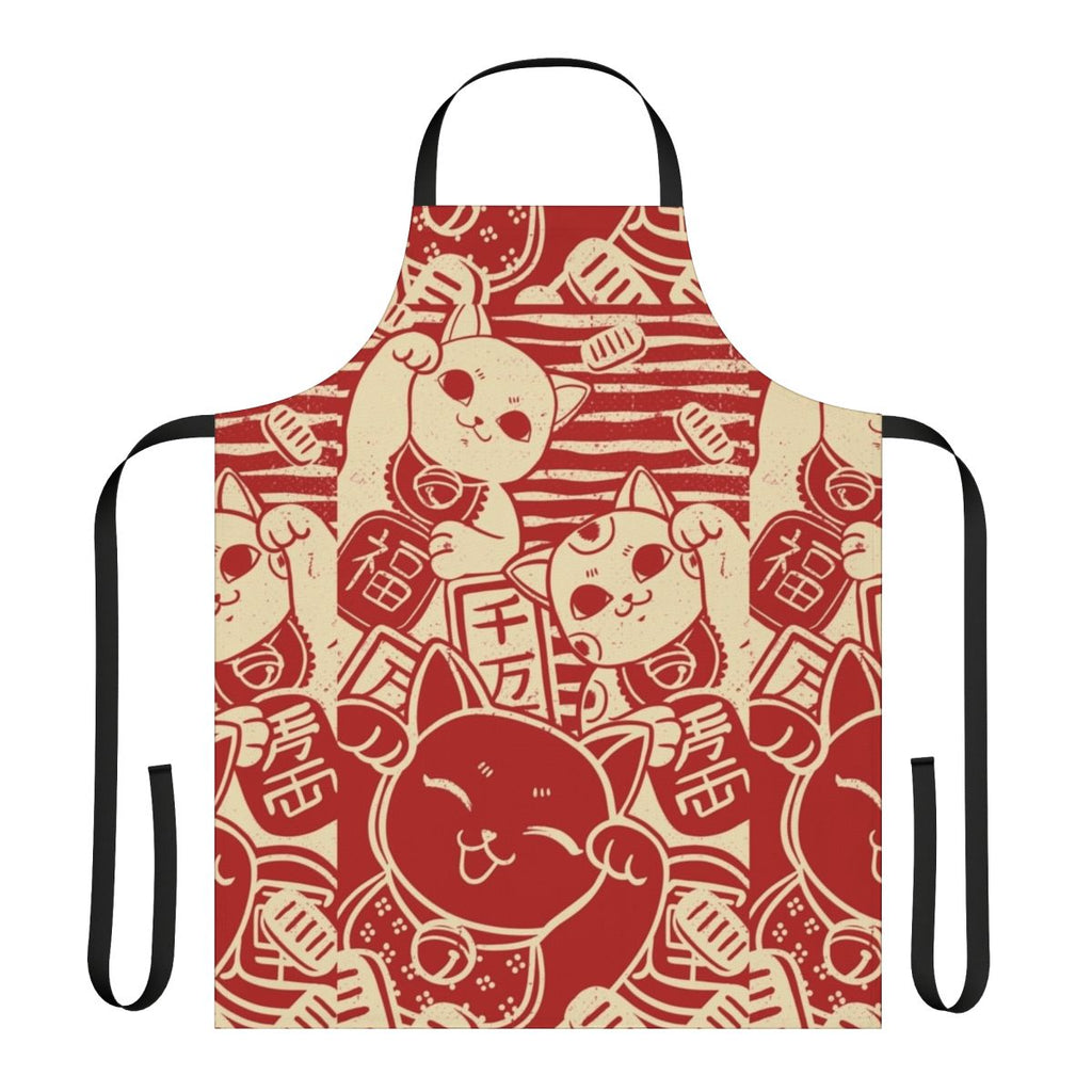 A stylish apron featuring a lucky maneki neko cat, inspired by traditional Japanese art.