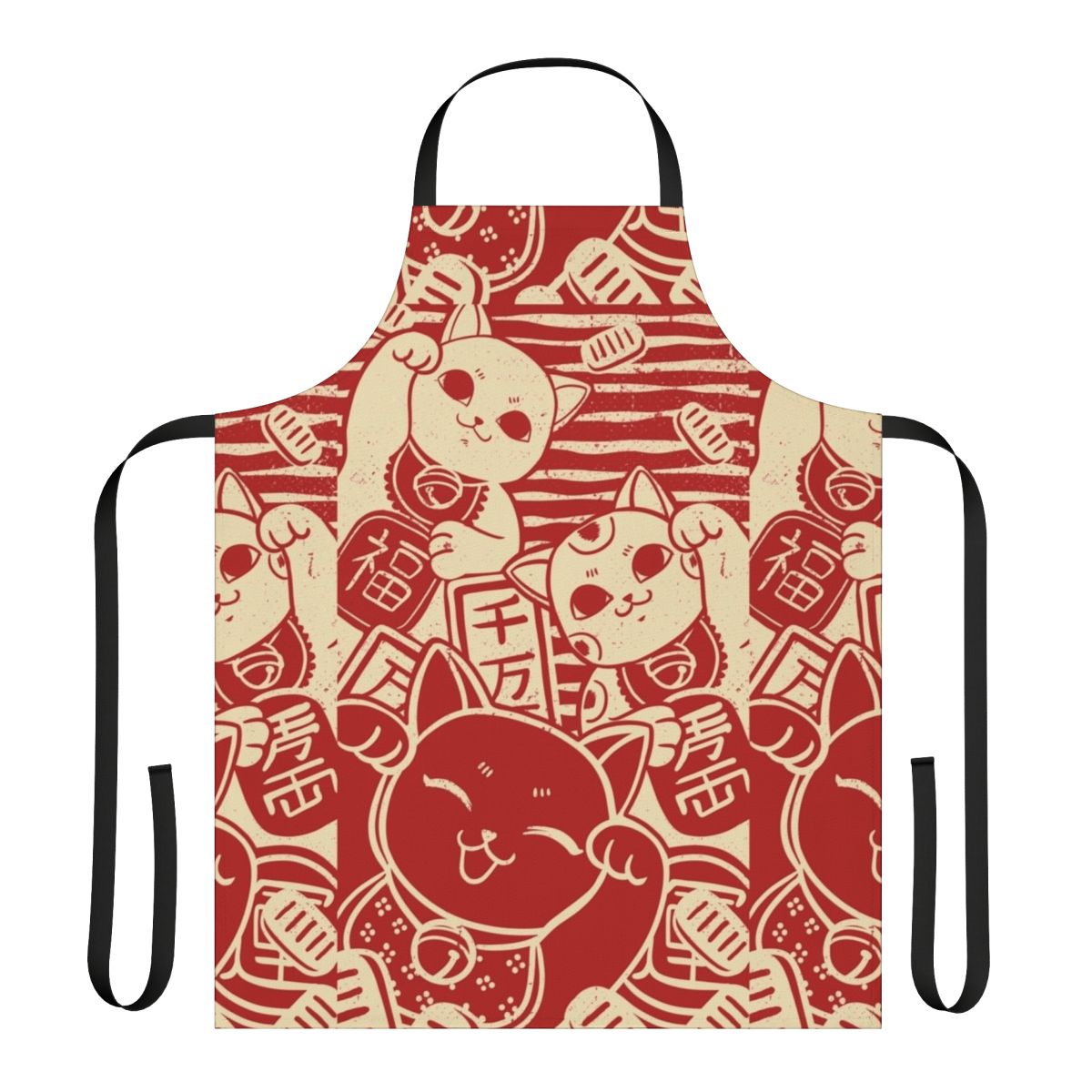 A stylish apron featuring a lucky maneki neko cat, inspired by traditional Japanese art.