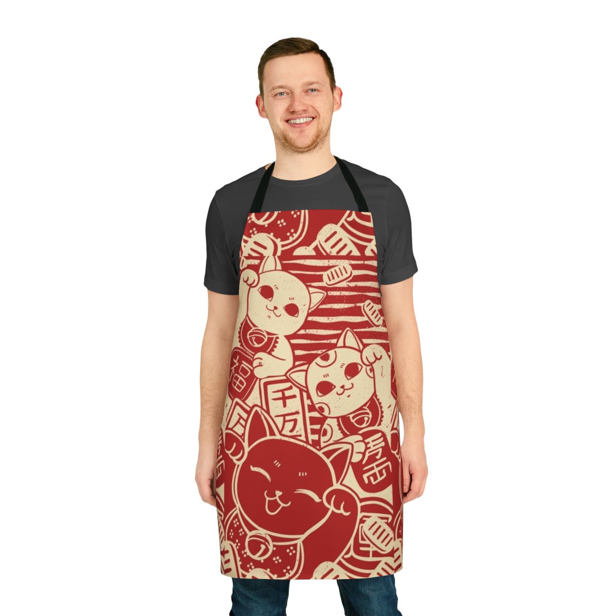 A stylish apron featuring a lucky maneki neko cat, inspired by traditional Japanese art.