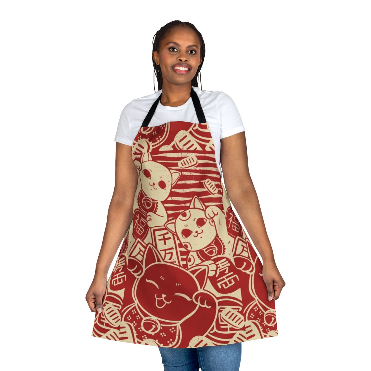 A stylish apron featuring a lucky maneki neko cat, inspired by traditional Japanese art.