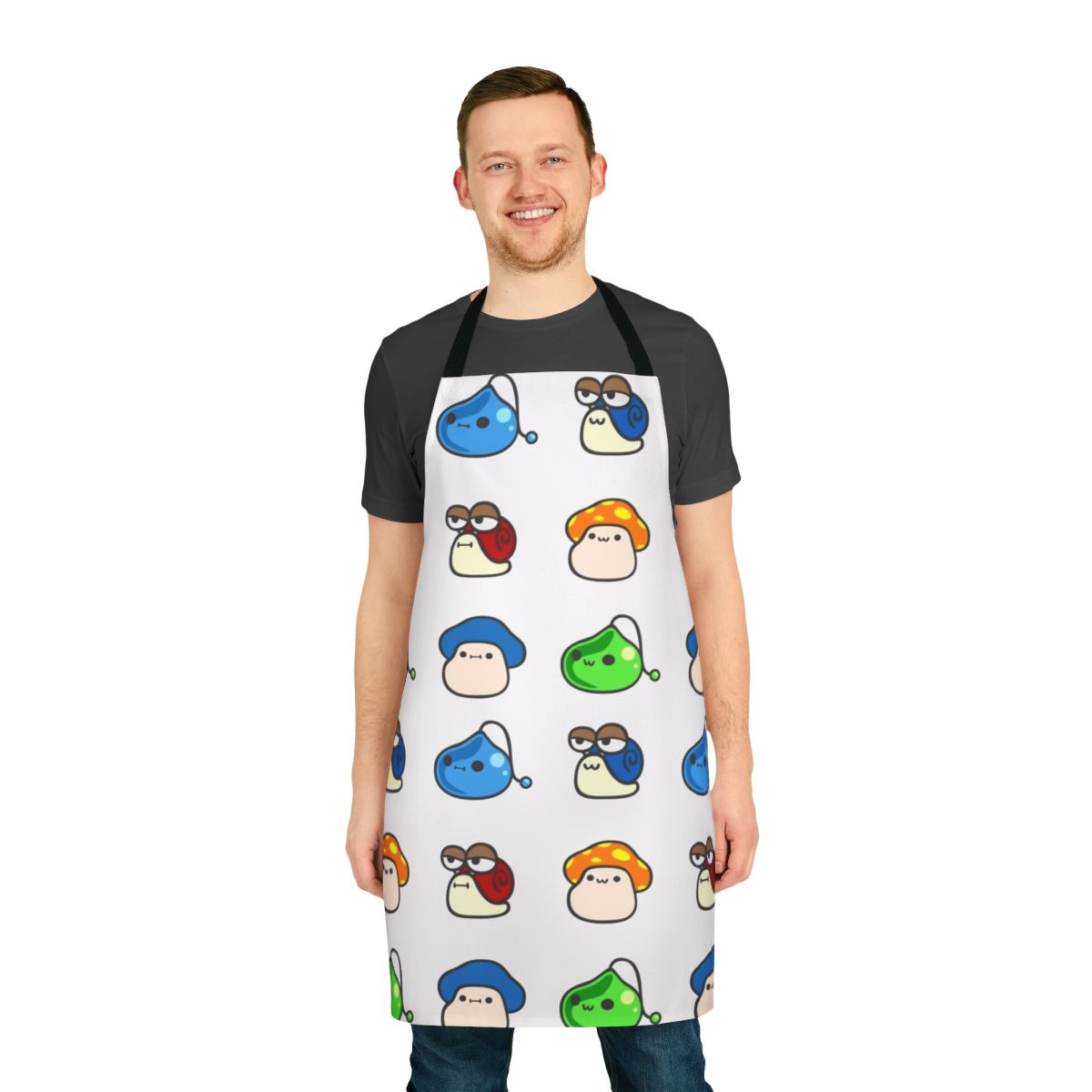 Maplestory-themed apron with cute maple, mushroom, snail, and slime designs