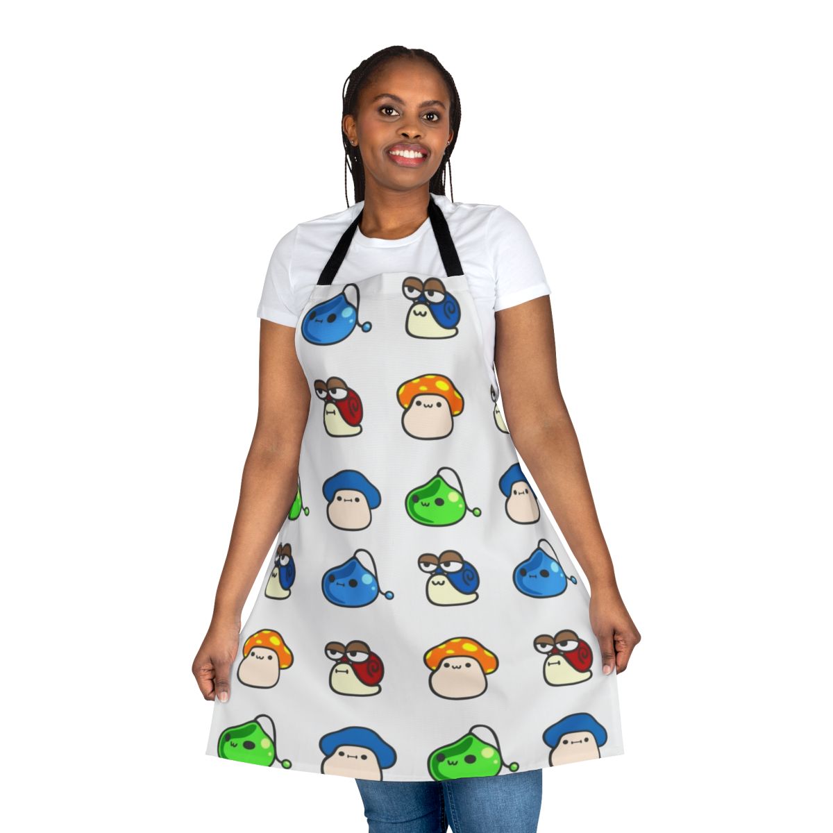 Maplestory-themed apron with cute maple, mushroom, snail, and slime designs
