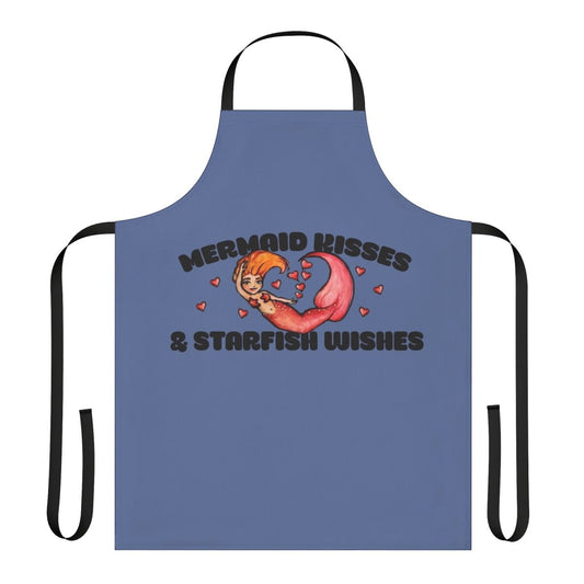 Whimsical apron featuring a cute, chibi-style mermaid design with the text "Mermaid Kisses And Starfish Wishes"