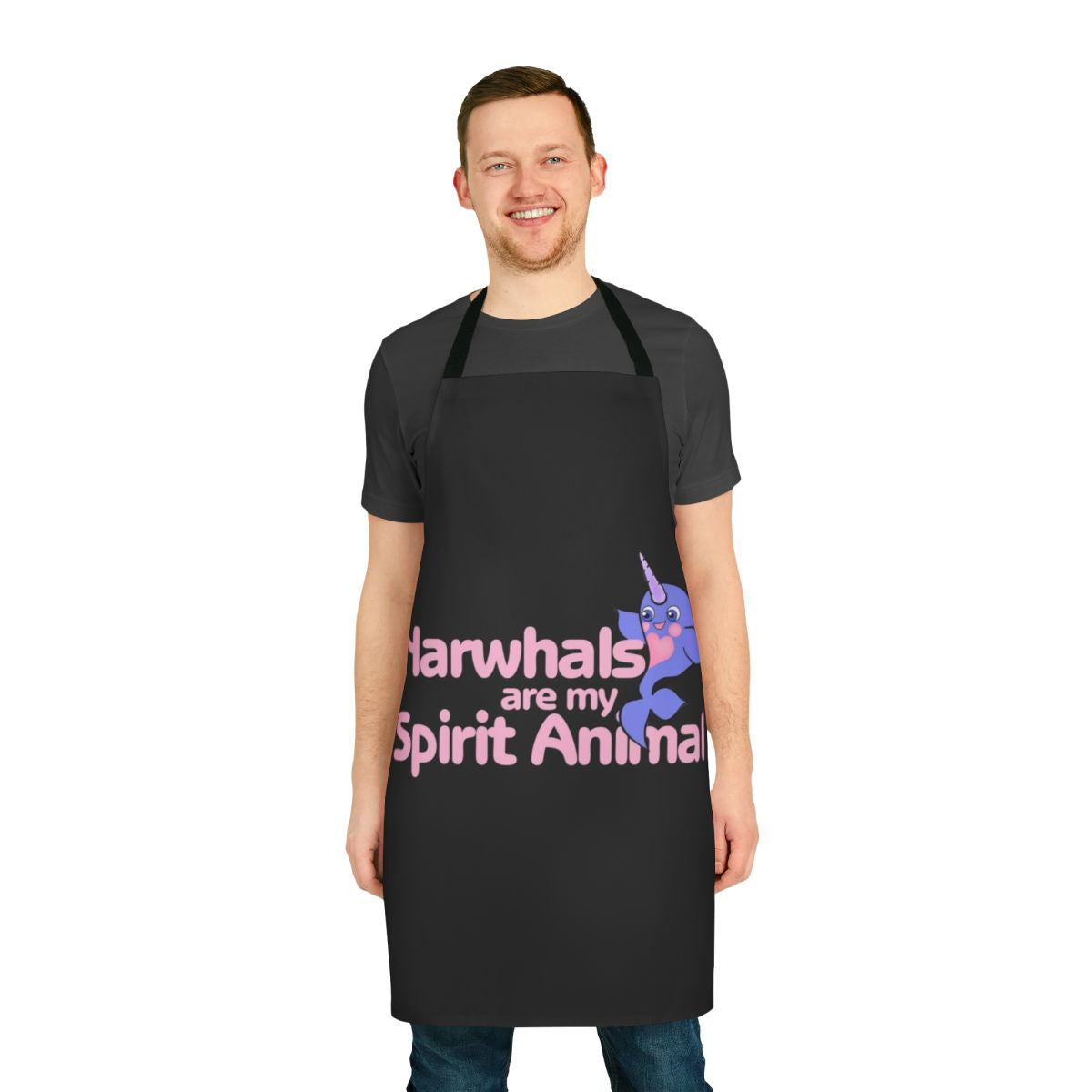 Narwhal-themed apron with a pink and purple design