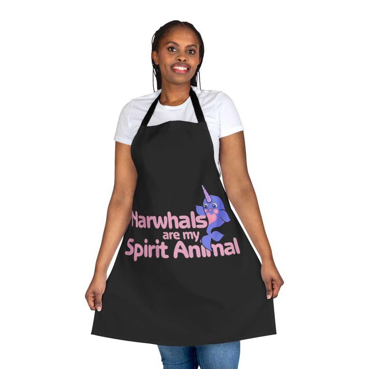 Narwhal-themed apron with a pink and purple design