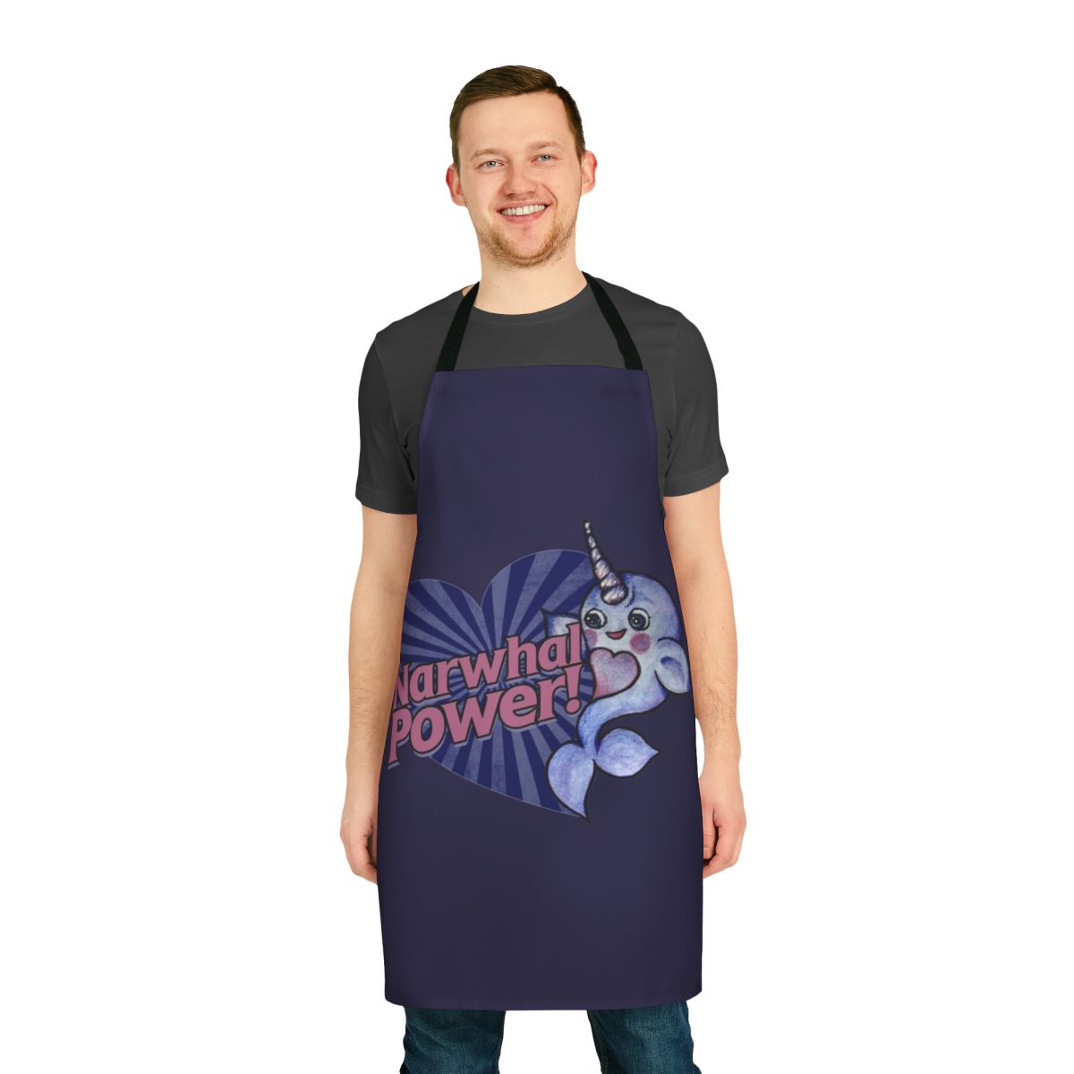 A stylish and functional apron featuring a playful narwhal design, perfect for the kitchen or creative projects.